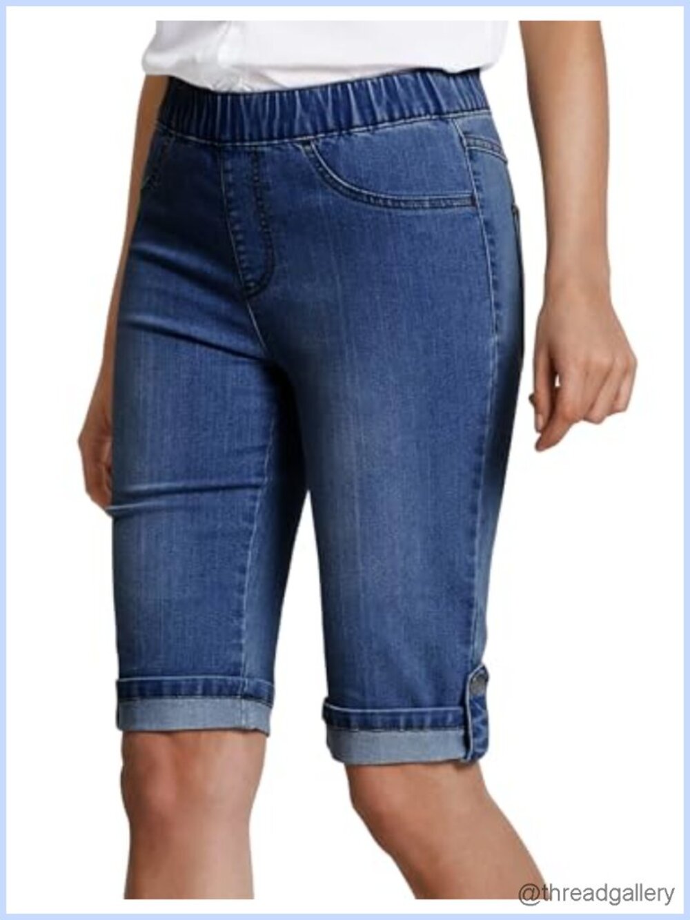 Women's Elastic Waist Stretchy Bermuda Jean Shorts Cotton Cuffed Hem